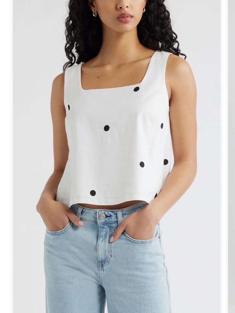 Open Edit Square Neck Sleeveless Linen Blend Top Sz S Polka Dot Preppy Resort